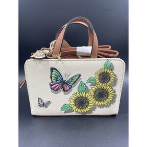 Purse Handbag Cross Body Tote Hobo Genuine Leather Butterfly Sunflowers Beige